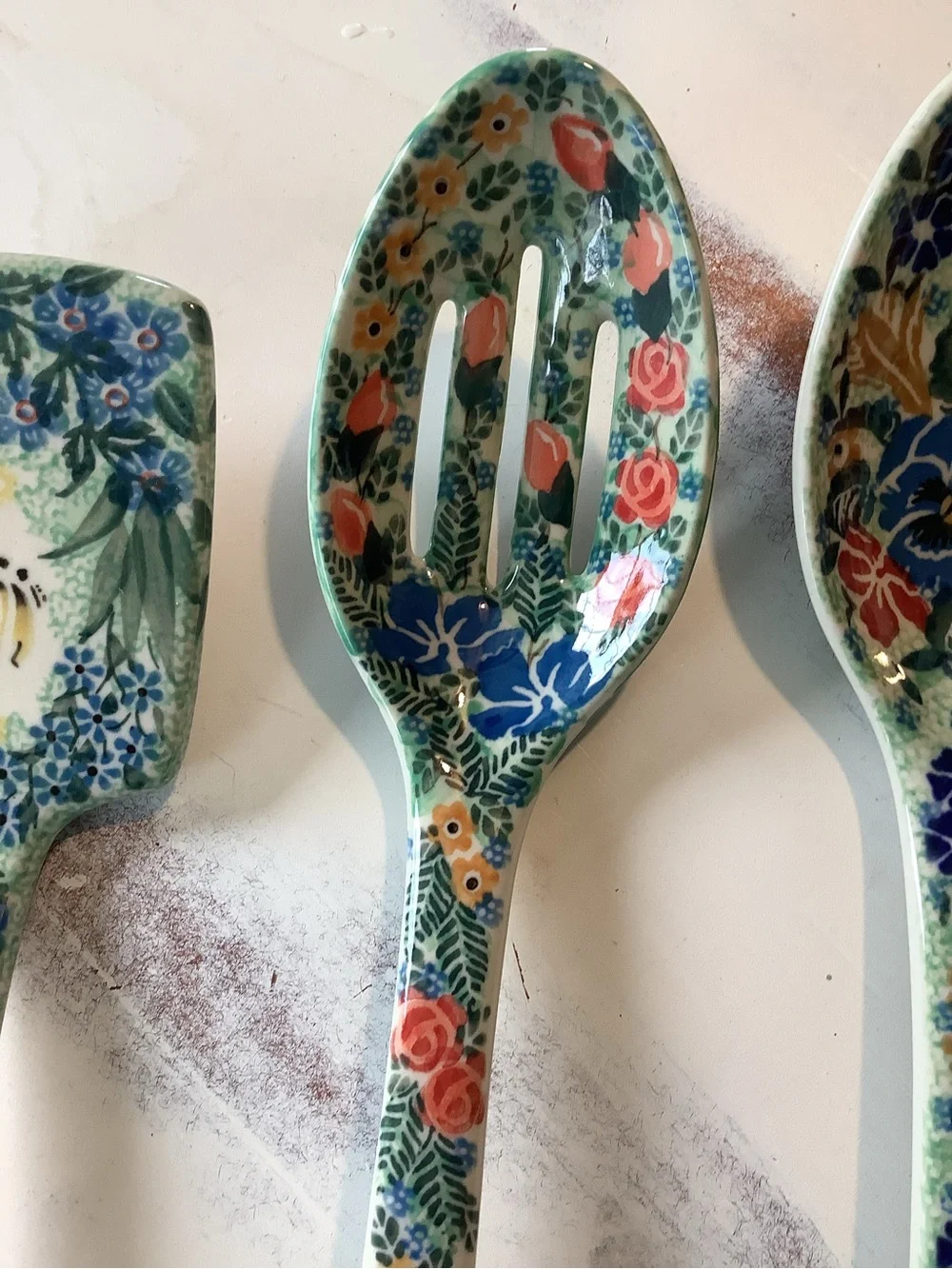 Lot Of 3 Three Polish Pottery UNIKAT serving Utensils Spoon 13”